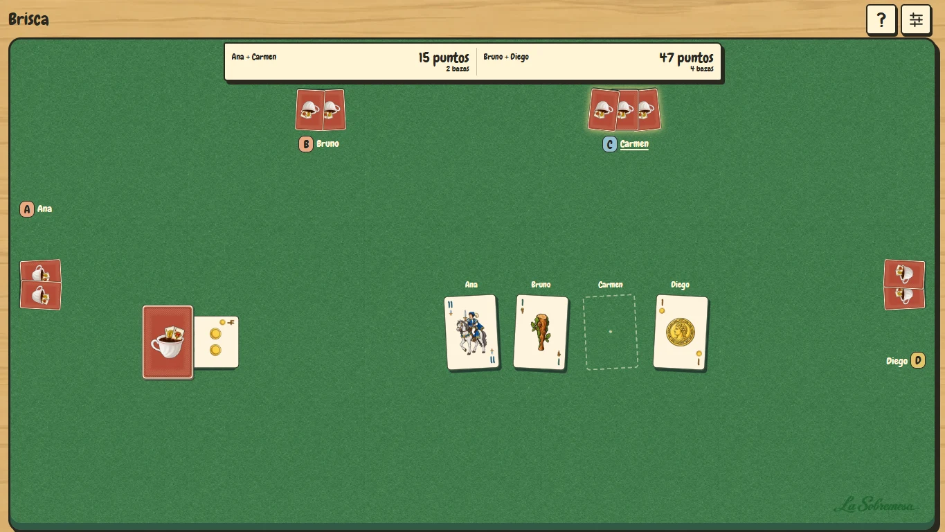 Captura de Brisca en la beta: cuatro jugadores alrededor de un tapete verde, naipes ilustrados y marcador por parejas.